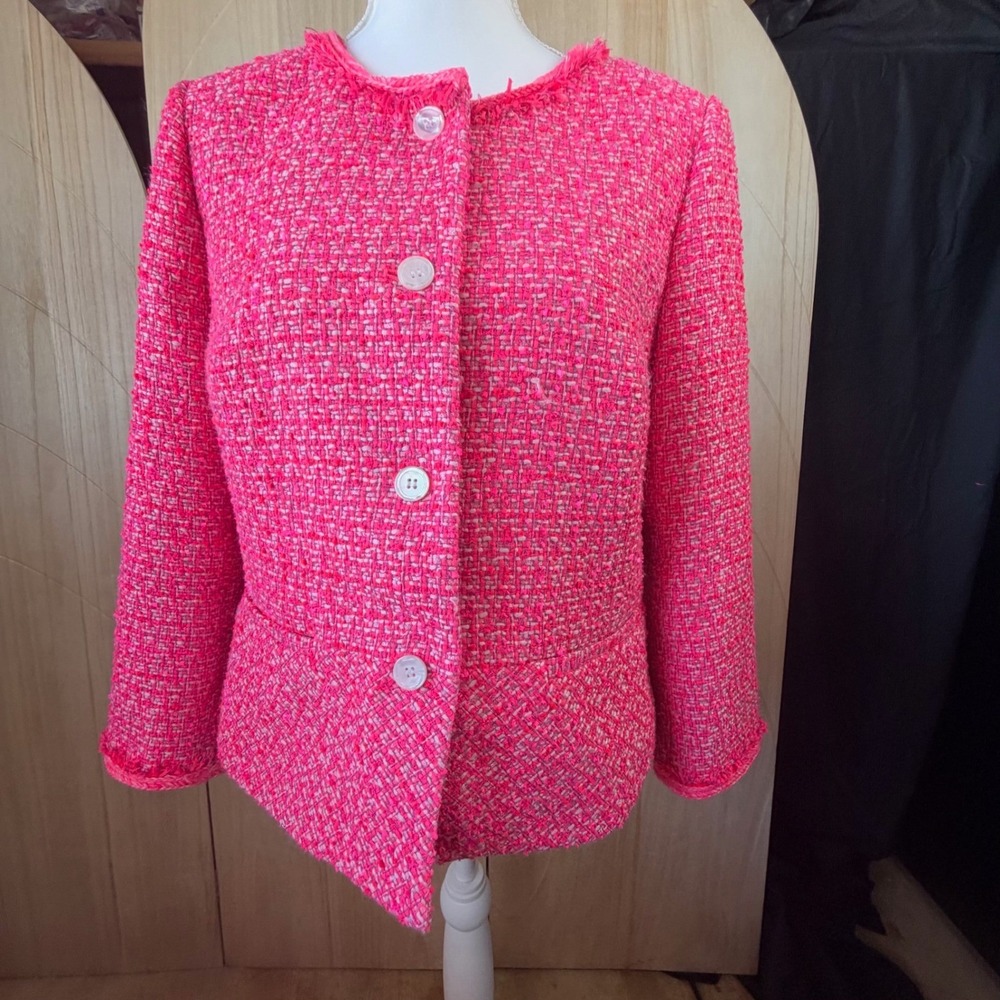 Talbots Tweed Blazer Womens 12 Pink Fringe Trim Button Front Peplum Jacket - Picture 4 of 10